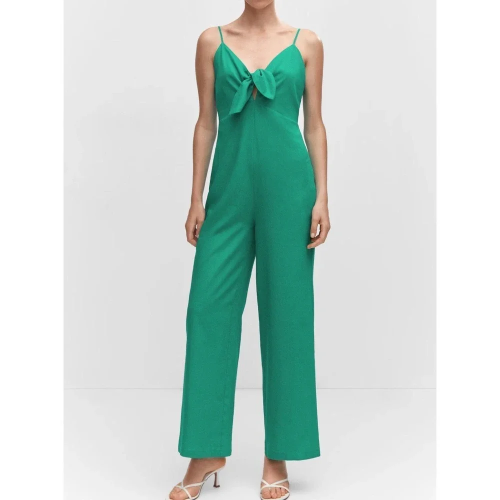 New MNG Mango Kelly Green Bow Linen Blend Jumpsuit Sz Medium (US) Tropical Beach